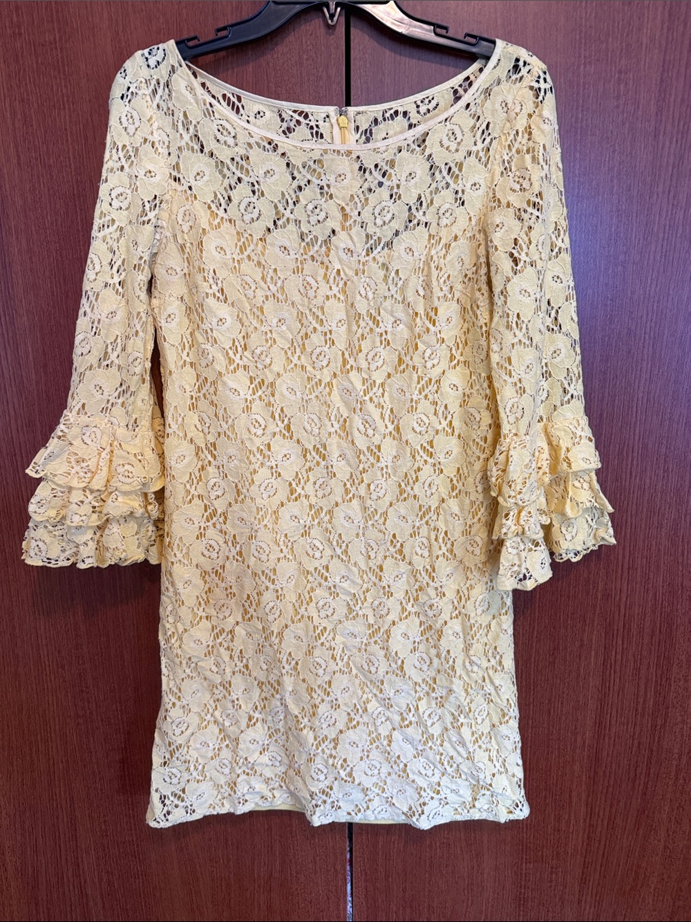 New Directions Yellow Floral Lace Ruffle Bell Sleeve Dress